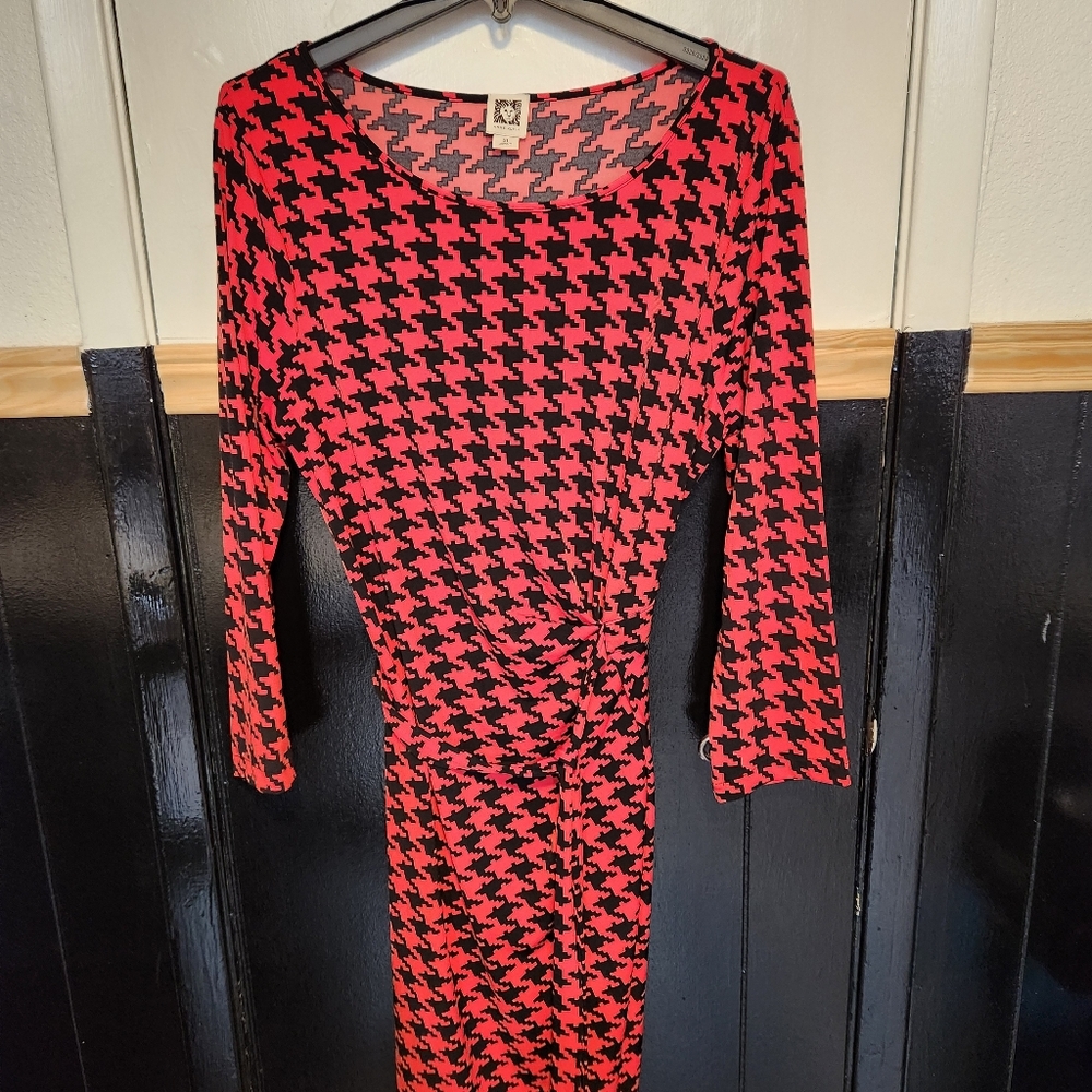 Anne Klein XL Red and Black Houndstooth Faux Wrap Dress